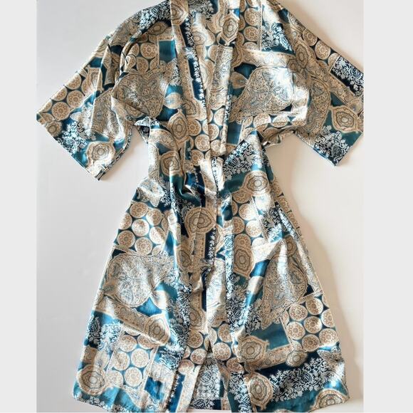 Vintage‎ Satin Robe Inner Most Teal Blue Tan Geometric Mandala Style Pattern - Picture 1 of 7